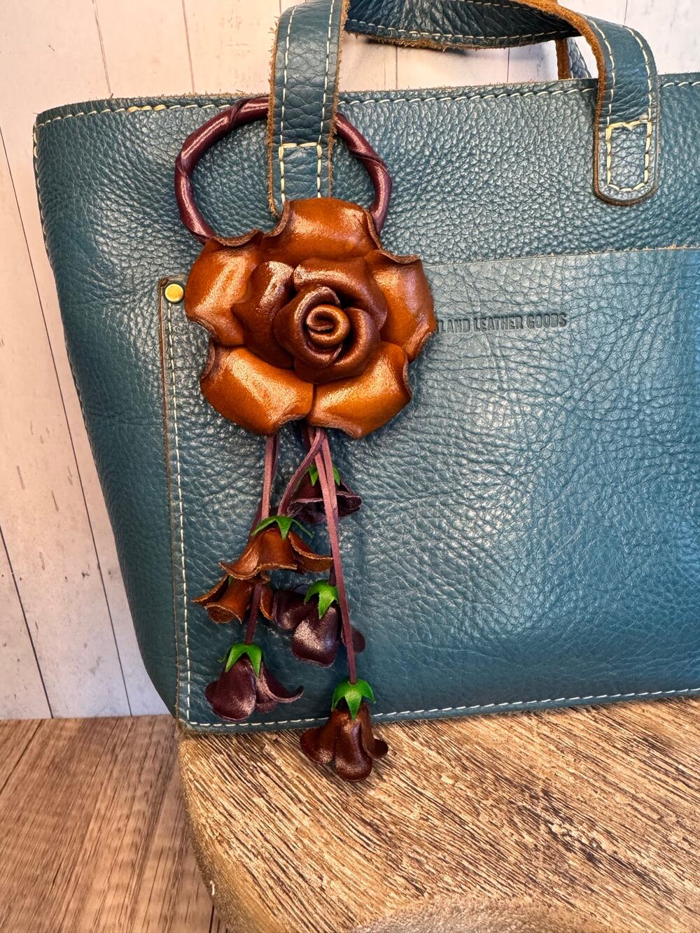 Rose Purse Charm Genuine Leather Neutral Rose Summer Flower Bag Charm FAST SHIP